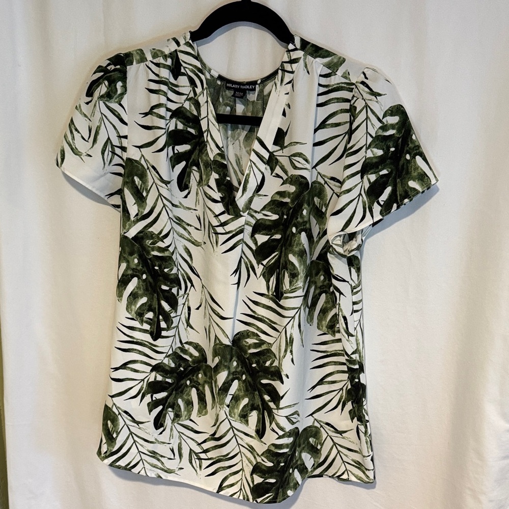 Hilary Radley White Blouse with Green Leaf Print